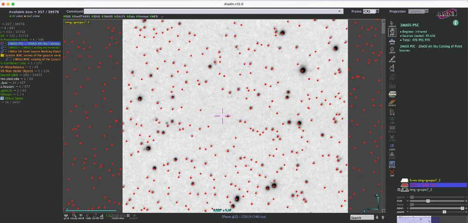 Imagen CCD con las fuentes de 2MASS superpuestas en rojo