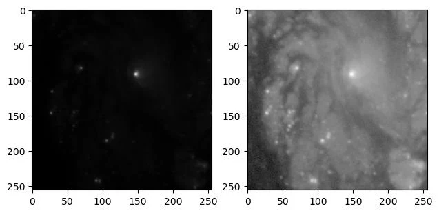La galaxia M100 en escala lineal, casi negra, y en escala logarítmica, con los brazos visibles
