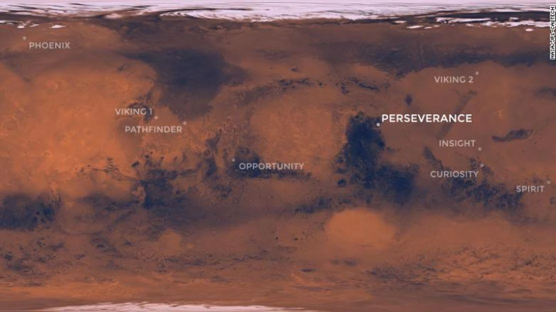 Mapa de Marte con los sitios de aterrizaje de las misiones de la NASA; se destaca Perseverance en el cráter Jezero