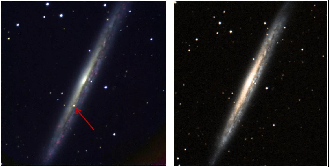 Dos imágenes de la galaxia de canto NGC 5907; en la primera una flecha señala una estrella sobre el disco