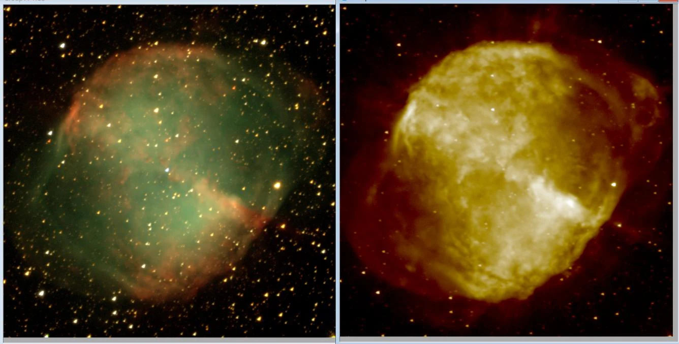 La nebulosa Dumbbell en color y en Hα, donde destaca una cáscara de gas