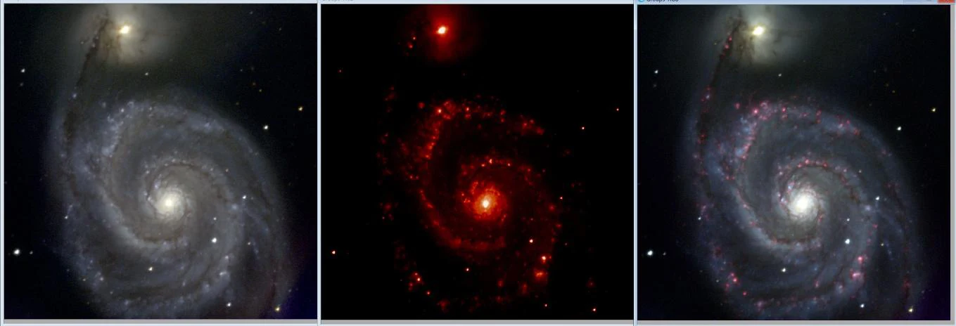 La galaxia del Remolino en color, en Hα con puntos rojos en los brazos, y combinada