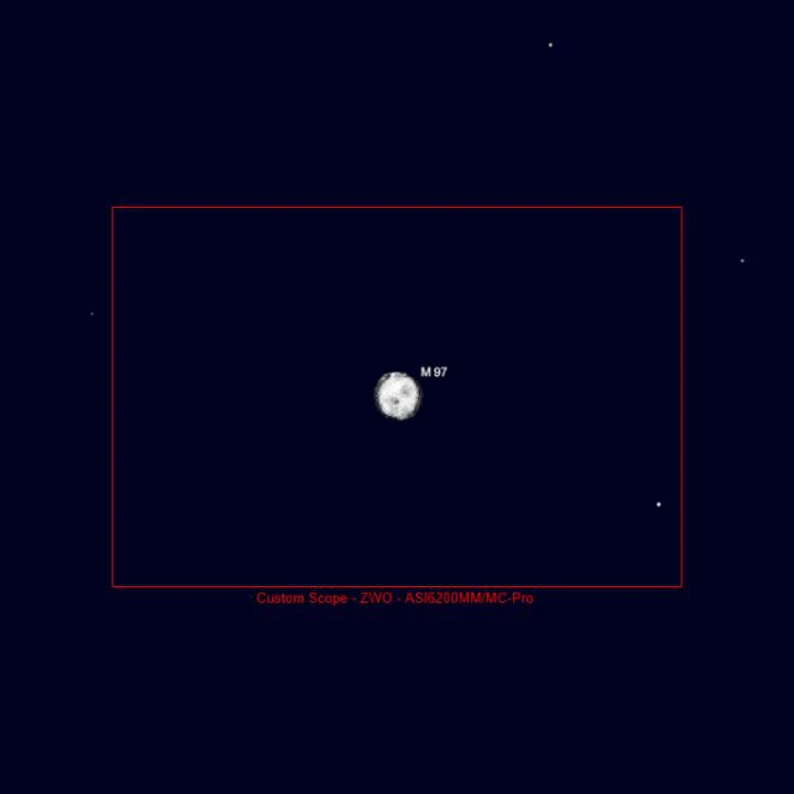 La nebulosa del Búho, redonda, dentro del recuadro del campo